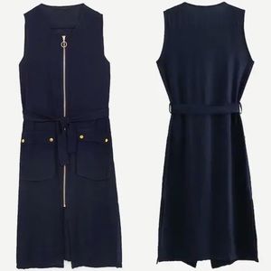 Front Pockets Sleeveless Belted Safari Dress Navy